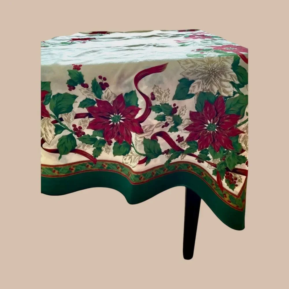 Christmas Tablecloth 60x80 Poinsettia Holly Ribbon Green Red Fashion Industries